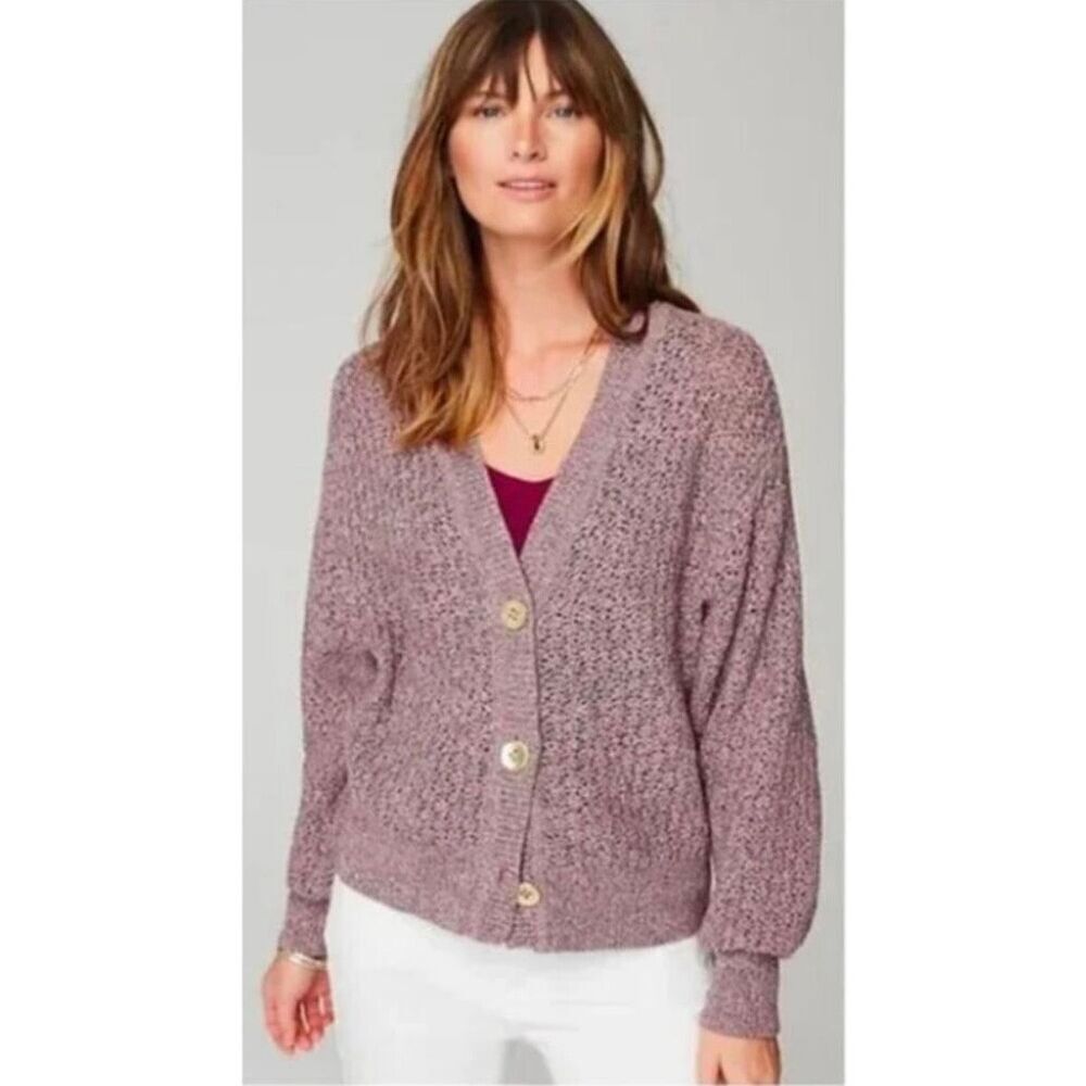 J. Jill Mixed Color Textured Cotton Knit V-Neck Cardigan Pink, Green Size L - Picture 3 of 12